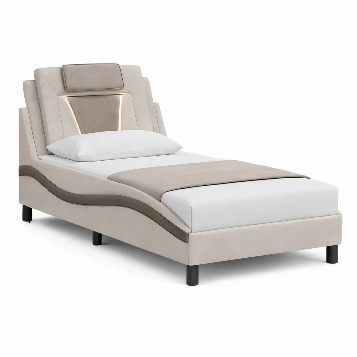 Twin Upholstered Platform Bed with LED Headboard, Beige and Taupe, 43 in W x 82 in L x 52 in H