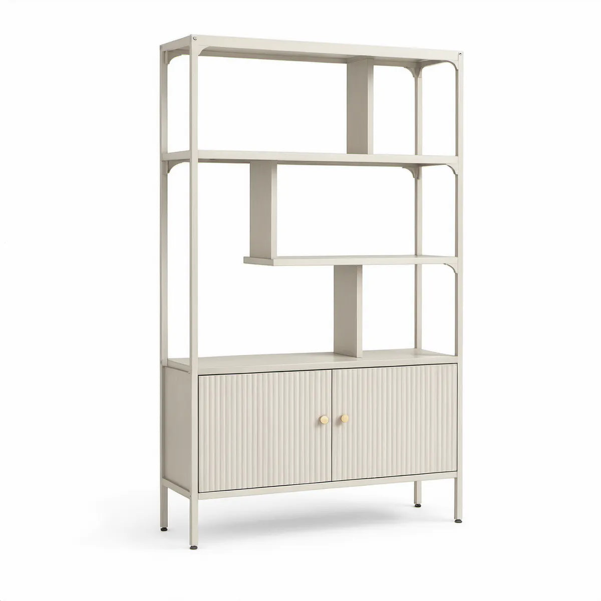Tall White Steel and Engineered Wood Bookcase with Gold Handles, 31.5 x 15.7 x 70.9 in
