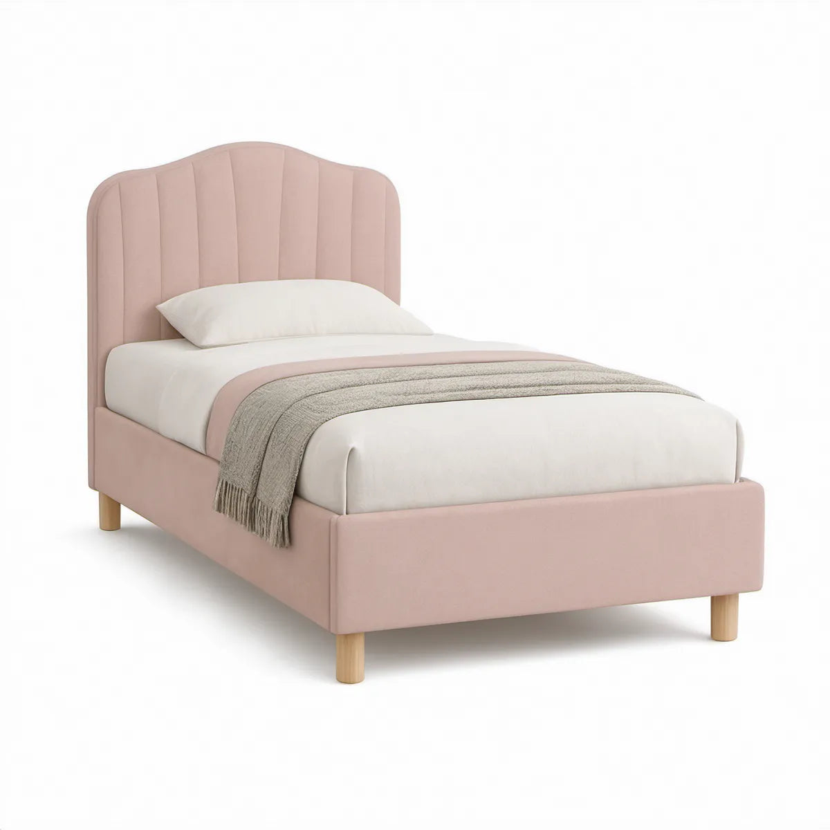 Twin Upholstered Platform Bed Frame, 42 x 80 x 50 in, Scalloped Channel-Tufted Headboard, Blush Pink
