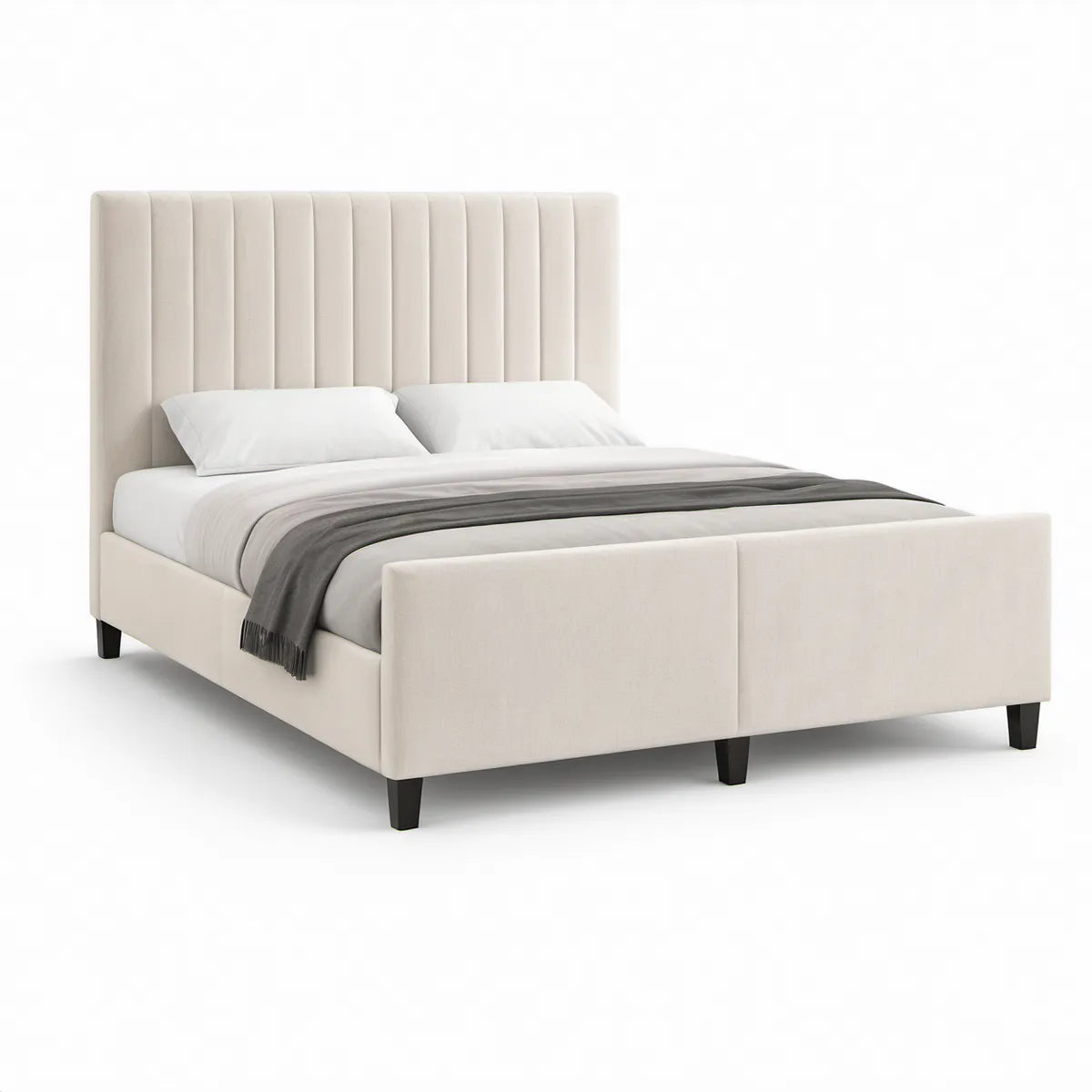 Ivory Upholstered Queen Platform Bed Frame with Channel-Tufted Headboard, 65 x 86 x 52 in