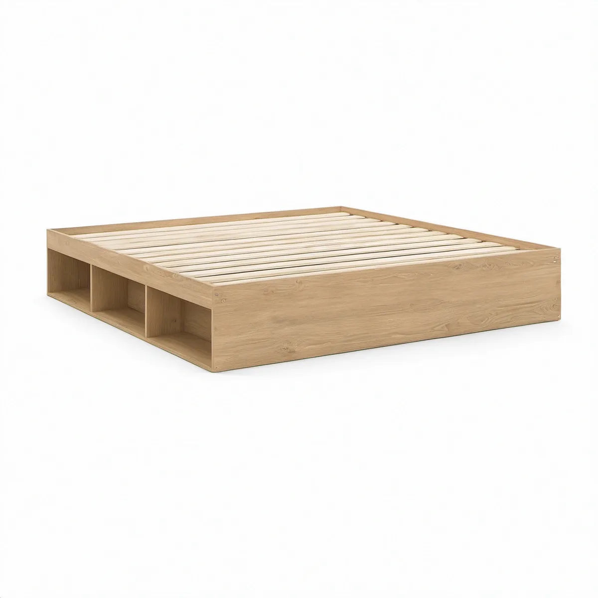 Queen Storage Platform Bed Frame, 80 x 60 x 14 in, Light Oak