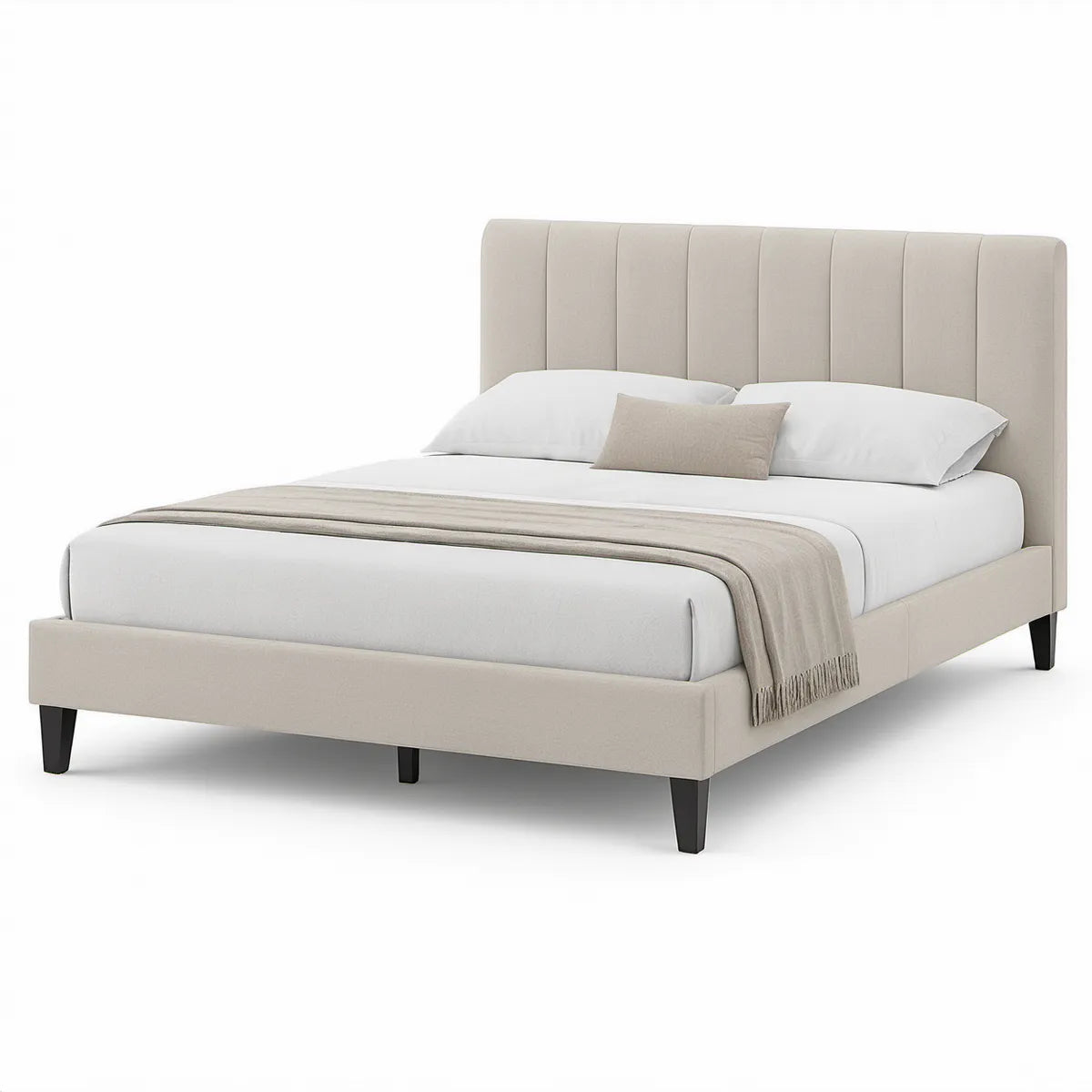 Queen Beige Upholstered Platform Bed Frame with Channel-Tufted Headboard, 64 x 81 x 48 in