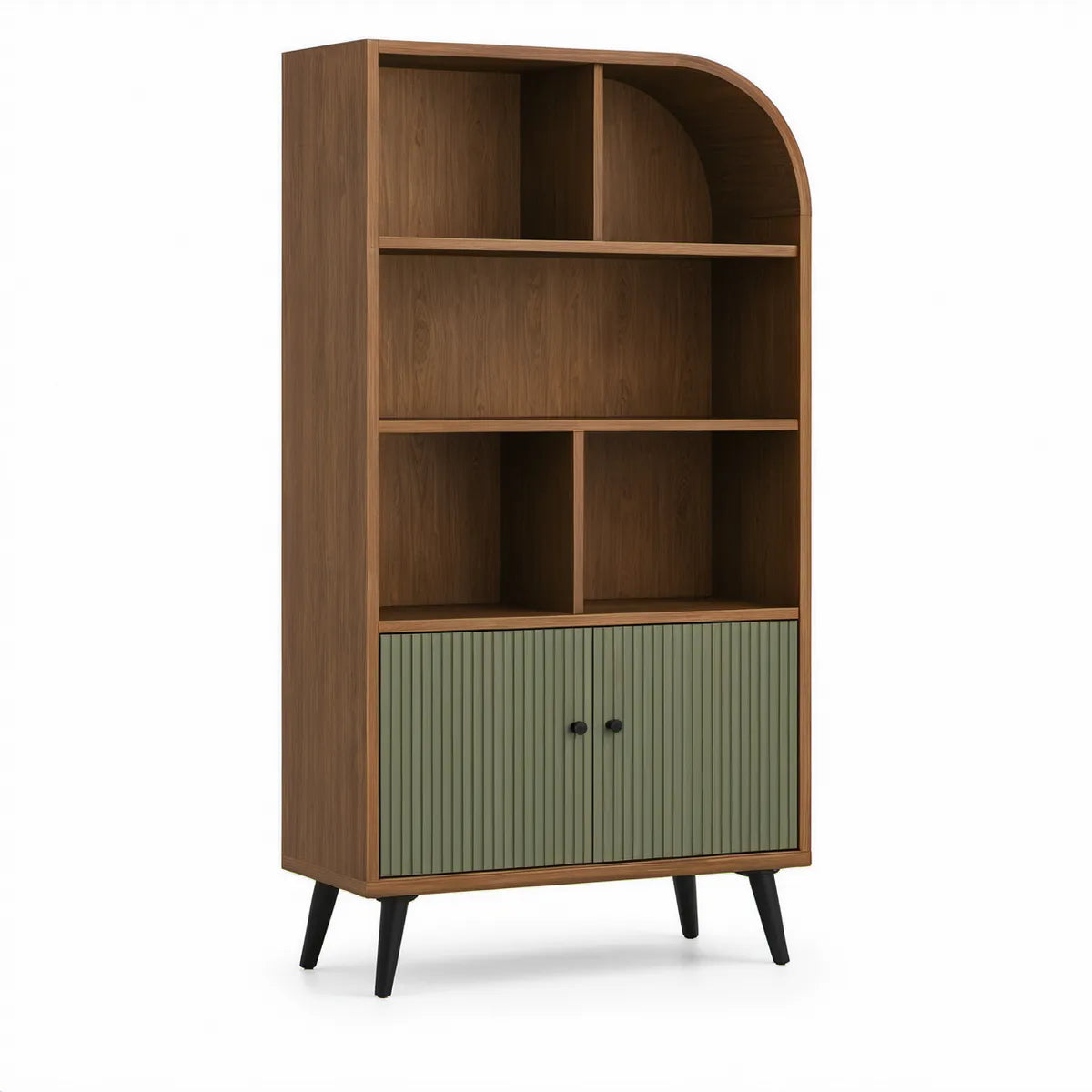 Arched Tall Bookcase Storage Cabinet, 35.43 x 15.75 x 70.87 in, Walnut/Sage Green/Black