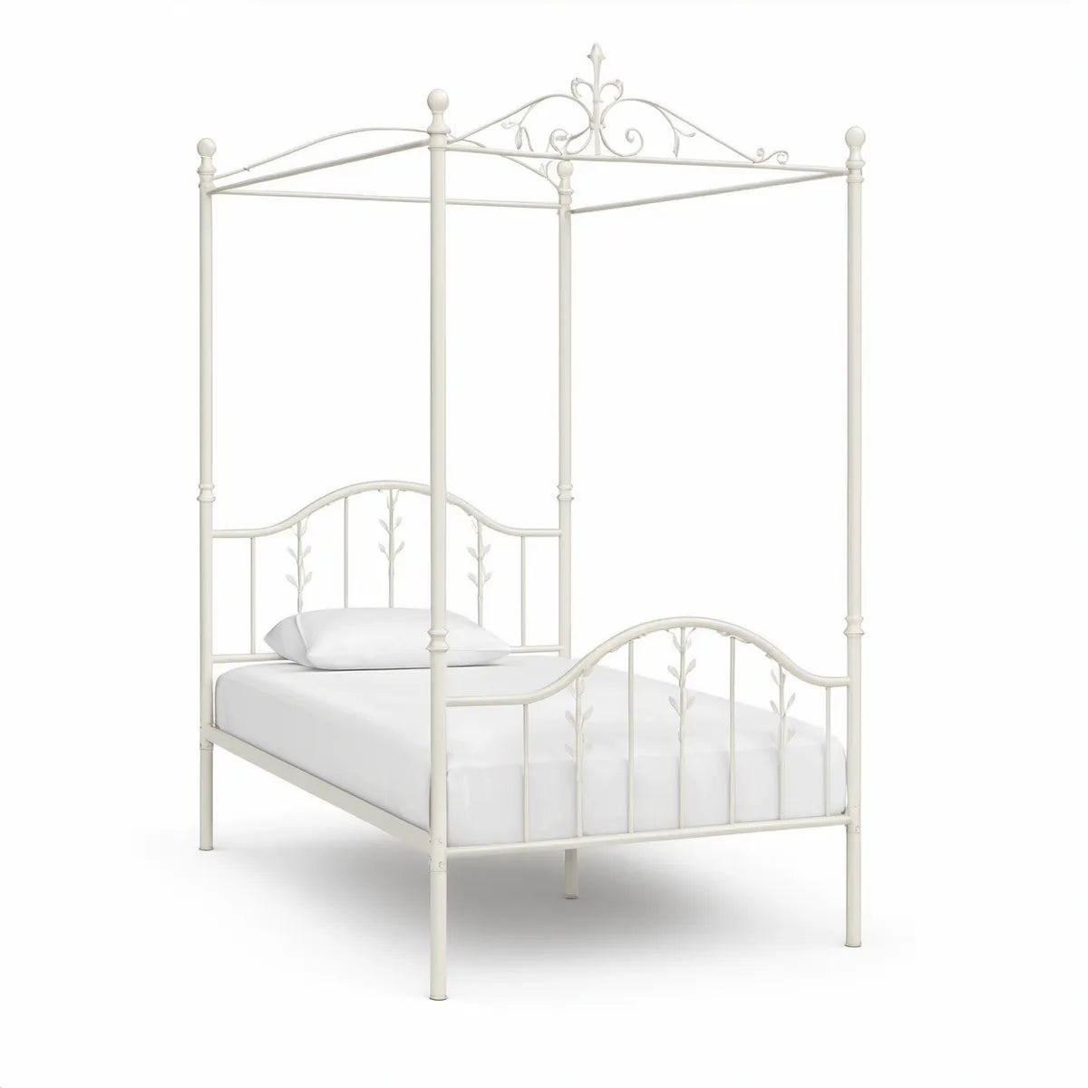 Twin Four-Poster Canopy Bed Frame, White, 78.7 x 41.3 x 82.7 in