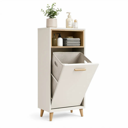 White and Natural Tilt-Out Laundry Hamper Cabinet with Open Shelf, 23.6 x 15.7 x 43.3 in