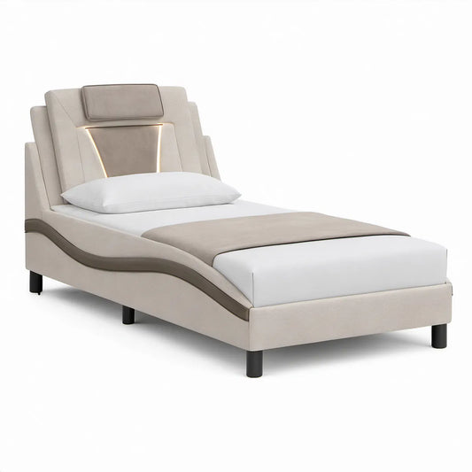 Twin Upholstered Platform Bed with LED Headboard, Beige and Taupe, 43 in W x 82 in L x 52 in H