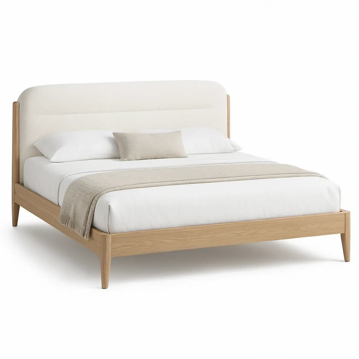 Queen Upholstered Platform Bed Frame, Cream Boucle Headboard, Natural Rubberwood, 64 x 85 x 50 in