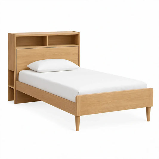 Twin Platform Bed with Bookcase Headboard, Natural Wood Finish, 82 x 42 x 48 in