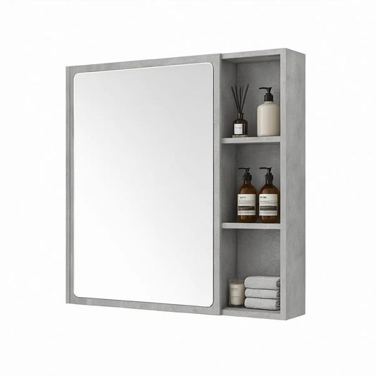 Gray Concrete-Look Wall-Mounted Mirror Cabinet with Right-Side Open Shelves, 24 x 5 x 32 in