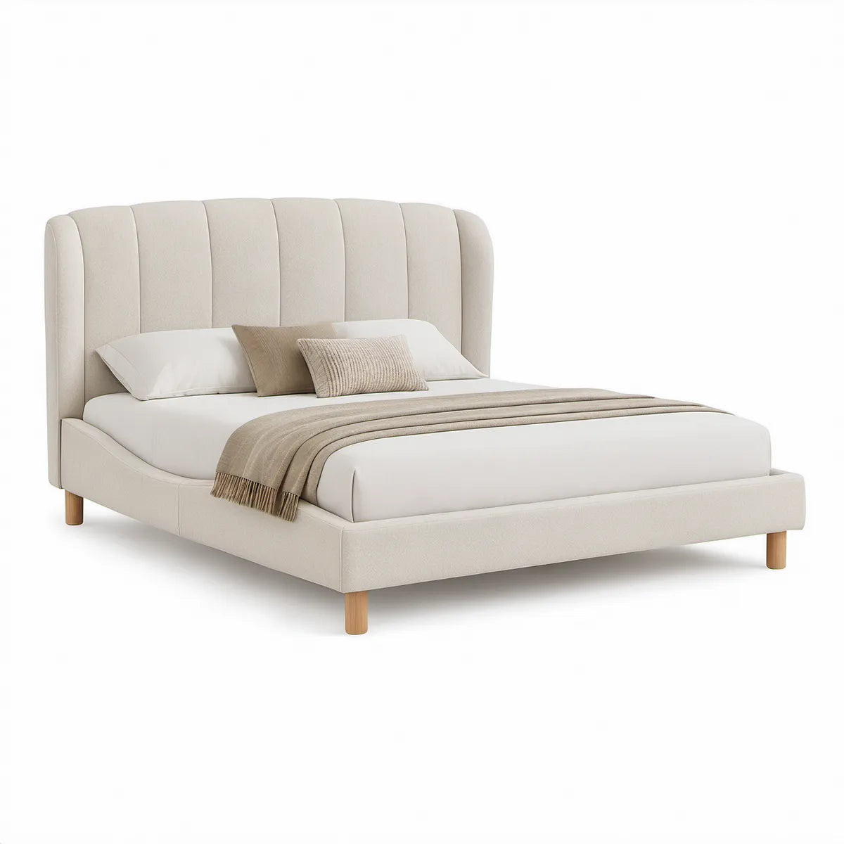 King Upholstered Platform Bed Frame, 76 x 80 in, Curved Channel-Tufted Polyester Headboard, Cream