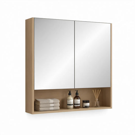 Wall-Mounted Light Oak Bathroom Mirror Cabinet with 2 Mirrored Doors and Open Shelf, 31.5 x 5.1 x 31.5 in