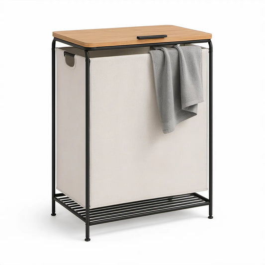 Freestanding Bamboo Laundry Hamper Cabinet with Lid, Towel Bar and Removable Bag, 23.6 x 13.8 x 29.5 in, Black/Natural/White