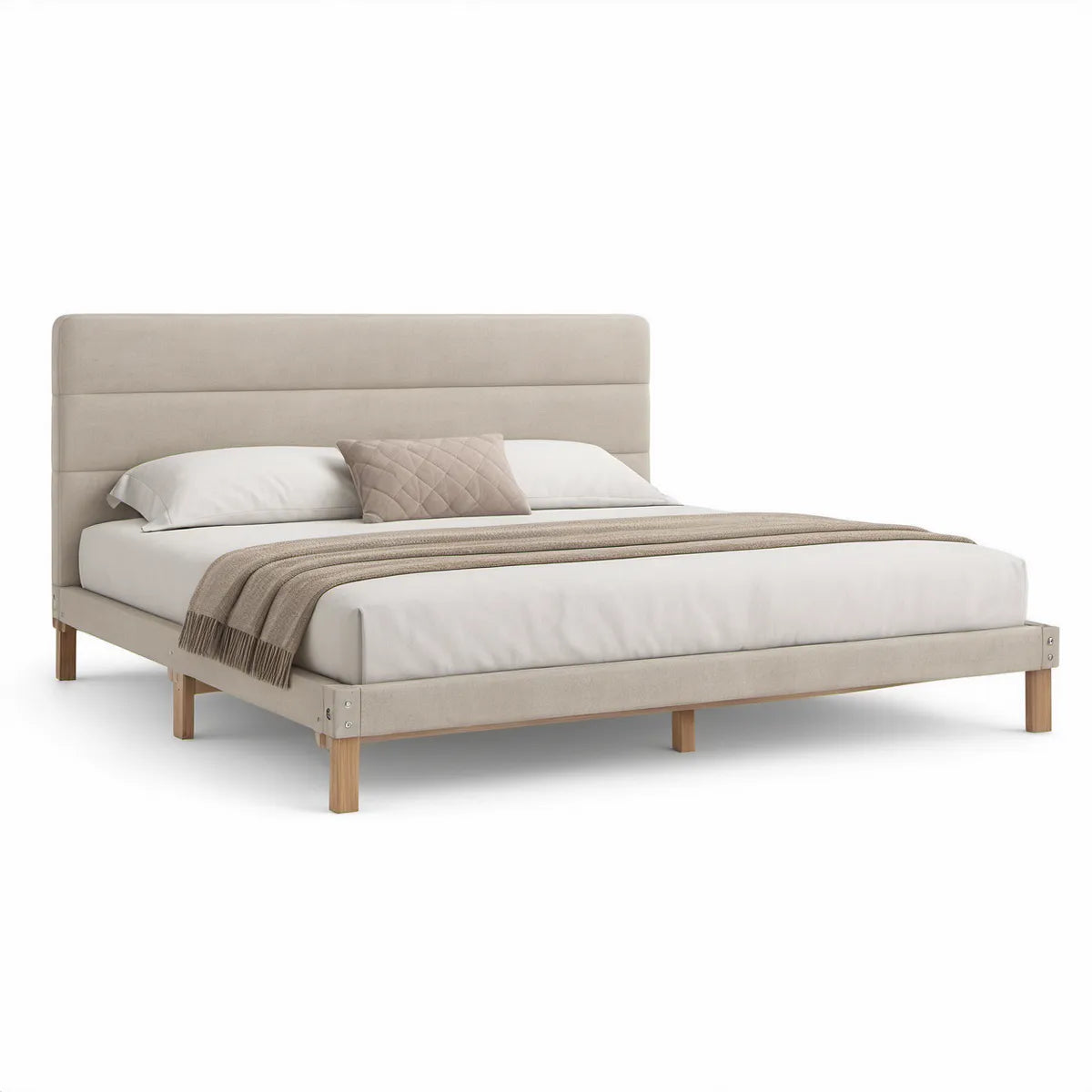 Queen Upholstered Bed Frame with Padded Panel Headboard, Beige/Natural Wood, 85 x 64 x 47 in