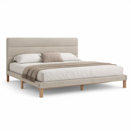 Queen Upholstered Bed Frame with Padded Panel Headboard, Beige/Natural Wood, 85 x 64 x 47 in