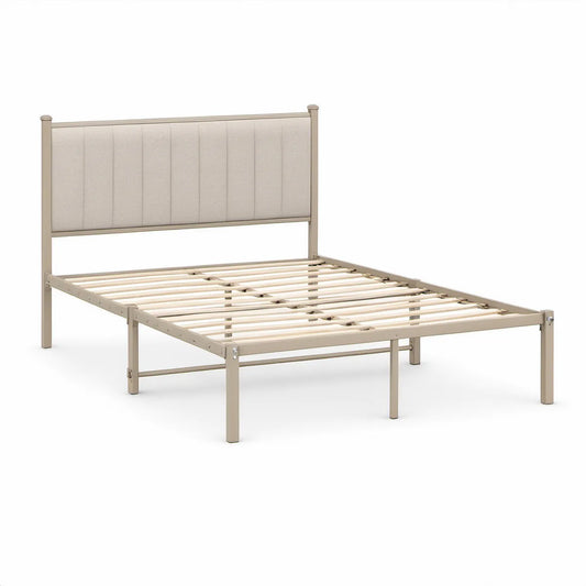 Queen-Size Beige Steel Platform Bed Frame with Upholstered Polyester Headboard, 60 x 80 in