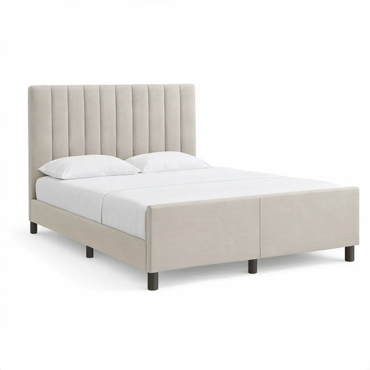 Queen Upholstered Platform Bed Frame, Cream and Black, 86 x 64 x 48 in, Fits 60 x 80 in Mattress