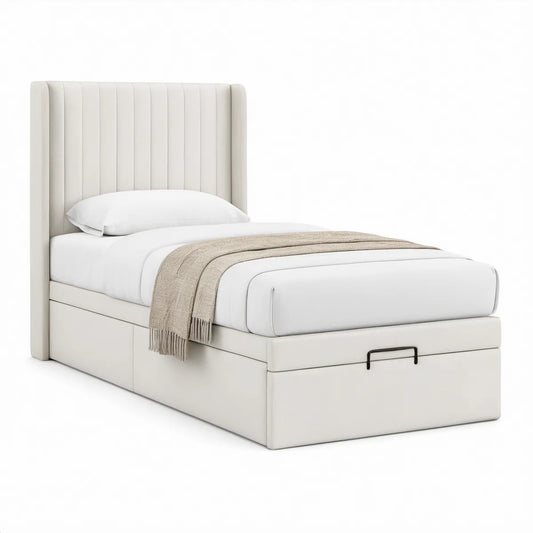 White Twin Upholstered Storage Bed with Pull-Out Drawer, 42 x 80 x 48 in
