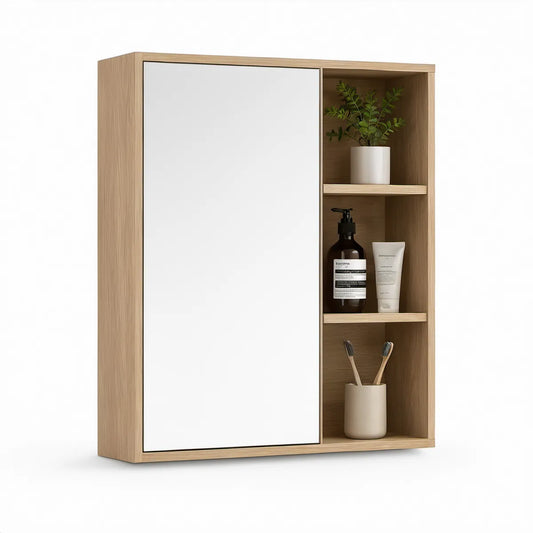 Wall-Mounted Light Oak and White Mirrored Storage Cabinet with 3 Open Shelves, 23.6 x 5.9 x 29.5 in