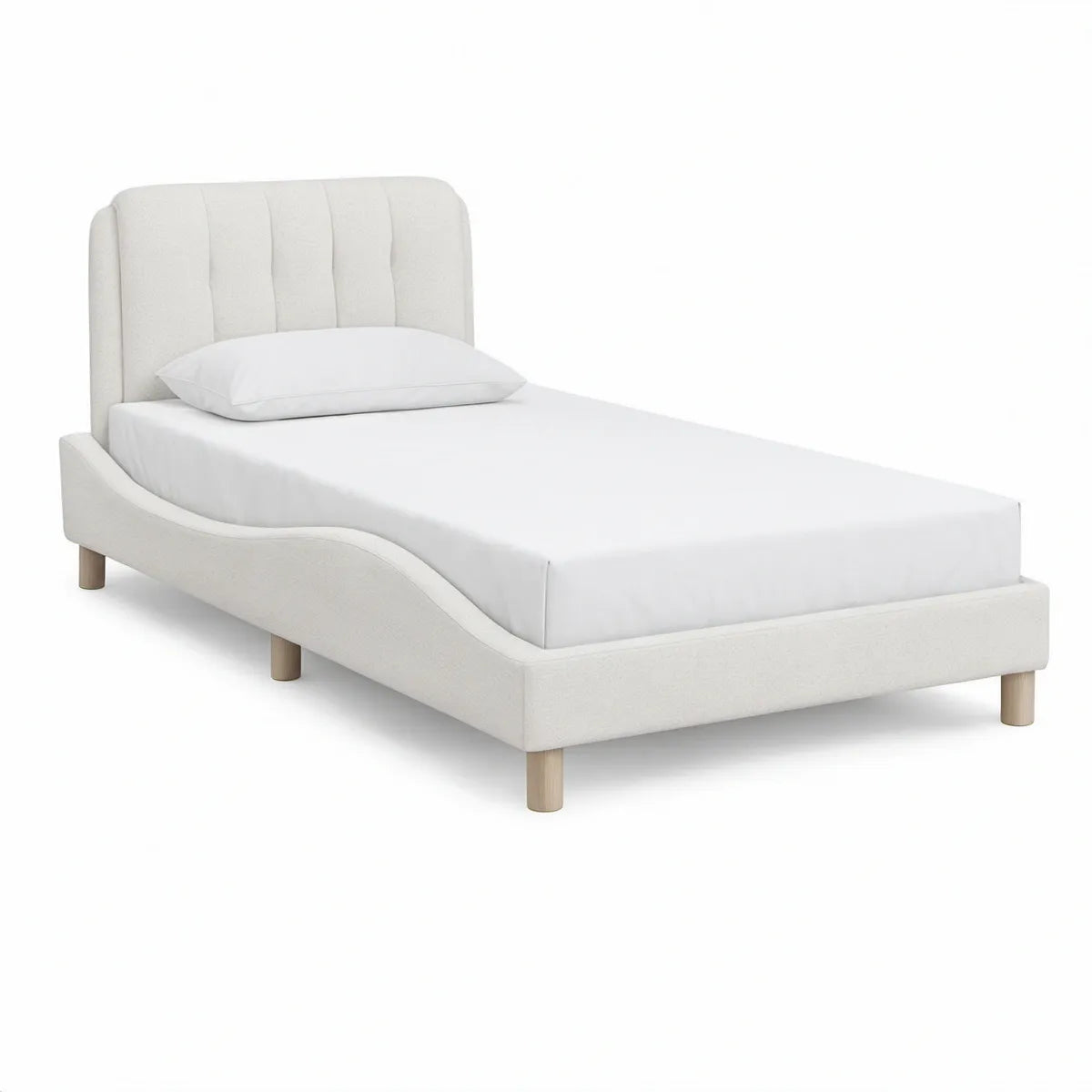 Twin Upholstered Platform Bed Frame, Ivory Polyester with Natural Wood Legs, 80 x 42 x 46 in