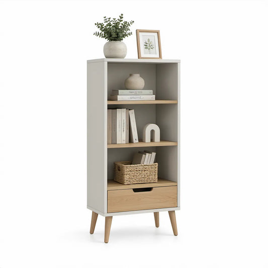 3-Shelf Bookcase with Drawer, White and Natural Oak, 23.6 x 11.8 x 59.1 in