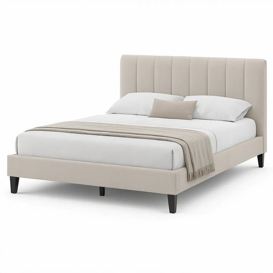 Queen Beige Upholstered Platform Bed Frame with Channel-Tufted Headboard, 64 x 81 x 48 in