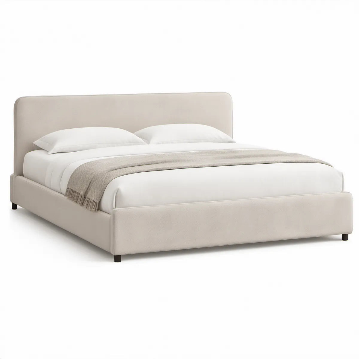 Queen Beige Upholstered Platform Bed Frame with Black Legs, 64 x 87 x 46 in