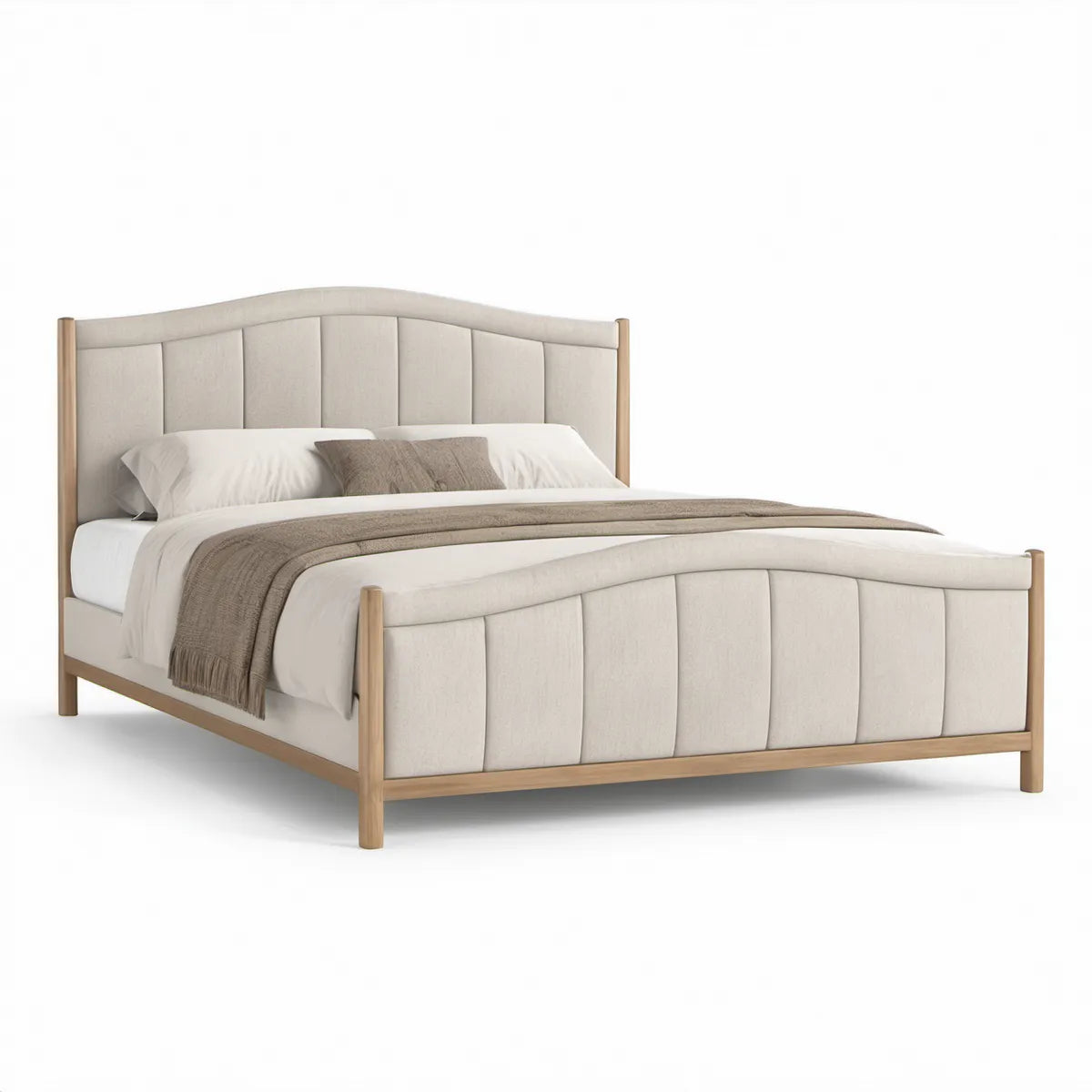 Queen Upholstered Platform Bed, Beige and Light Brown, 64 in W x 86 in L x 54 in H