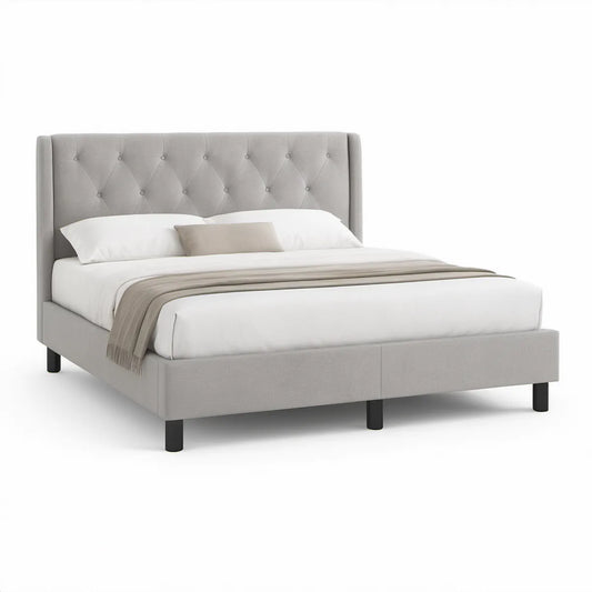 Queen Light Gray Upholstered Bed Frame with Tufted Wingback Headboard, 64 in W x 85 in L x 52 in H